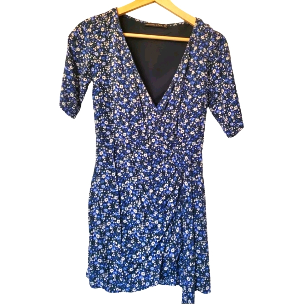Blue floral mid sleeves wrap dress